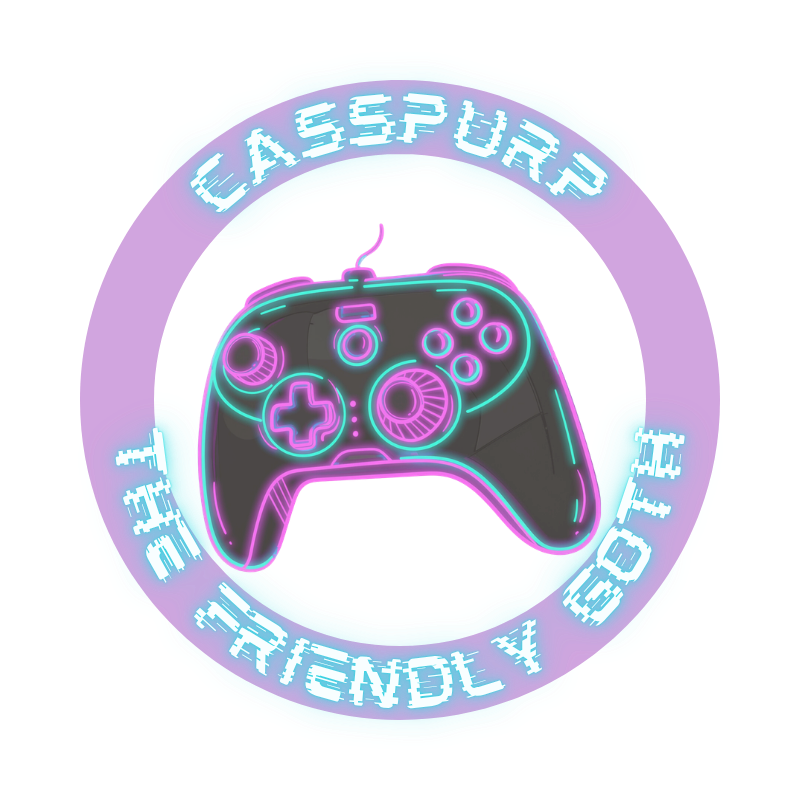a purple circle with text. a neon game controller outline sits in the center. text reads, "casspurp the friendly goth"