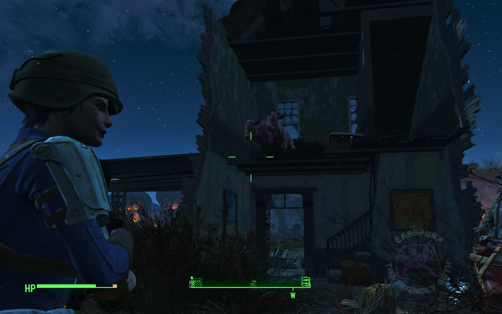 screenshot from fallout 4 of cass's character looking up at a brahmin on the second floor of a bombed-out house.